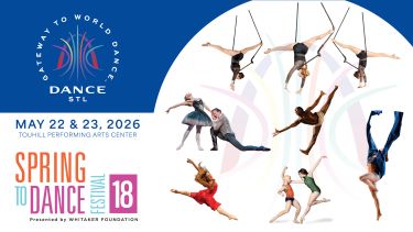 Multiple dancers, on the floor and in the air, for Dance Saint Louis Spring to Dance